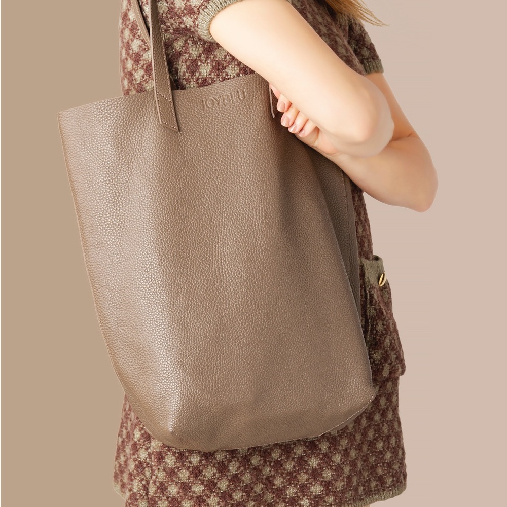 Genuine Italian Leather Shoulder Tote Bag / Khaki Green Gray